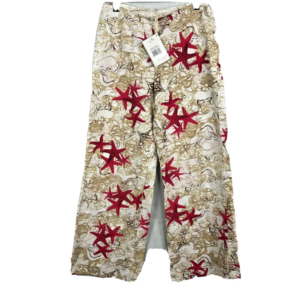 NWT Antica Sartoria Pants Womens Sz 1 S Beige Red Starfish Print Cotton Wide Leg